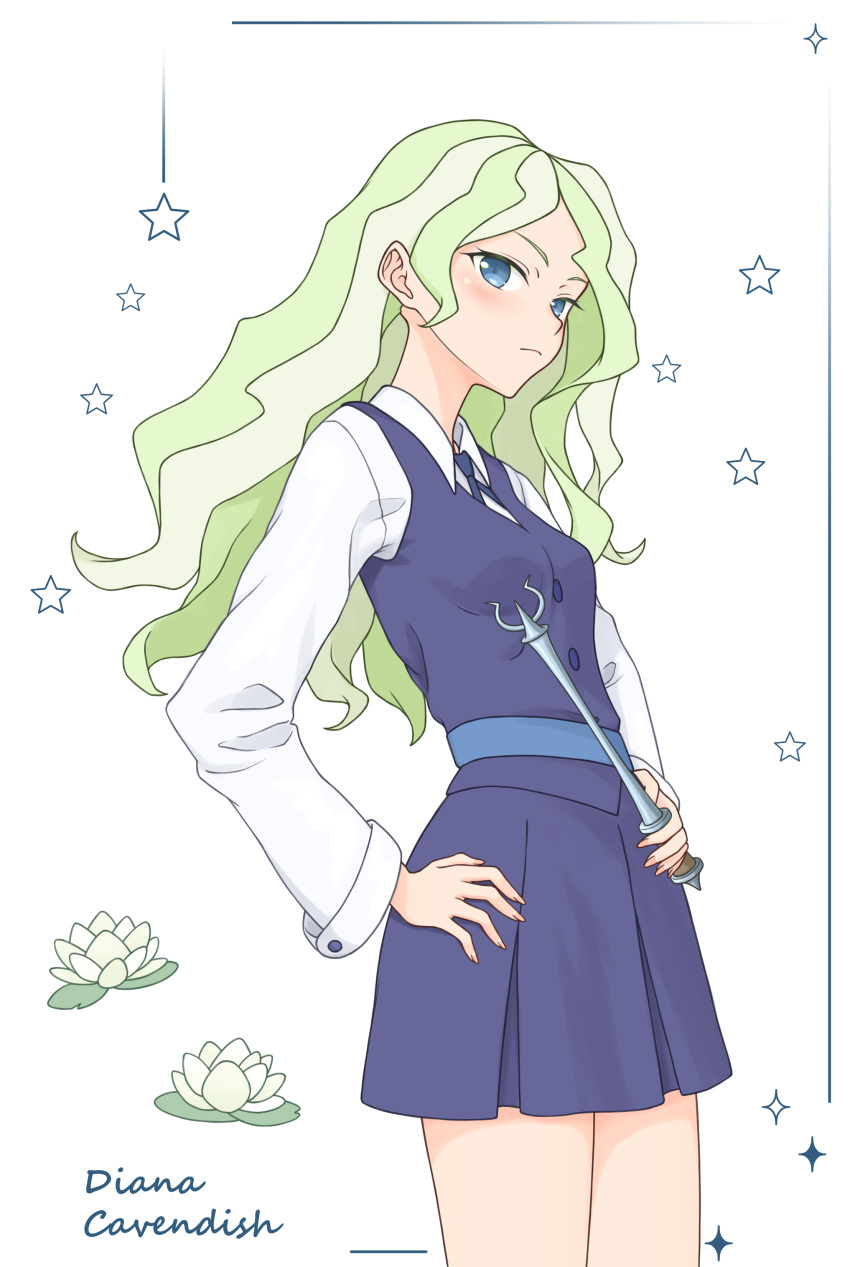 1girl, absurdres, blue_eyes, blue_skirt, blue_vest, character_name, collared_shirt, diana_cavendish, feichu_keju, flower, green_hair, highres, light_green_hair, little_witch_academia, long_hair, lotus, luna_nova_school_uniform, multicolored_hair, school_uniform, shirt, skirt, solo, star_(symbol), vest, wand, white_shirt, witch
