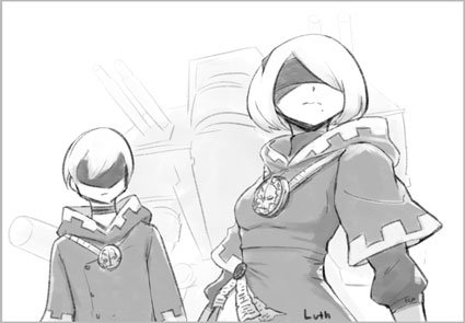 2b_(nier:automata), 9s_(nier:automata), adeptus_mechanicus, blindfold, choker, cosplay, crossover, greyscale, lowres, lutherniel, monochrome, nier:automata, nier_(series), purity_seal, robe, titan, warhammer_40k