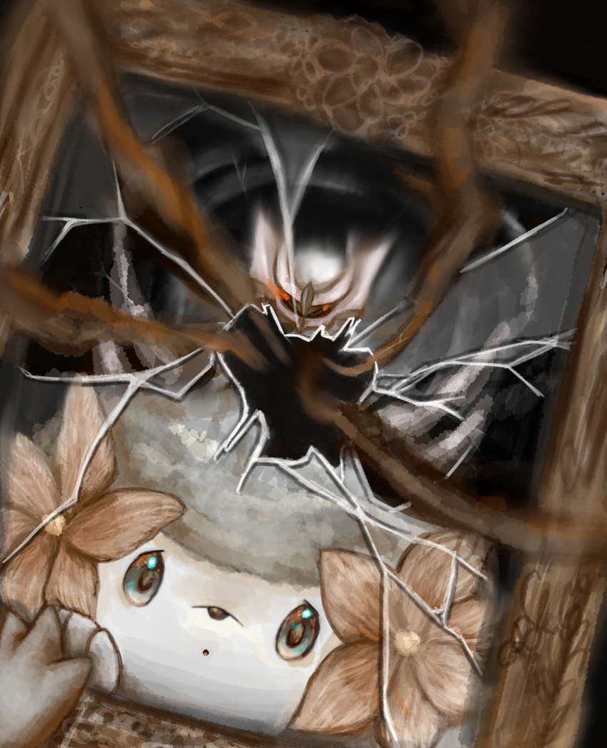 animal_pov, broken_mirror, commentary_request, dutch_angle, flower, giratina, giratina_(origin), glowing