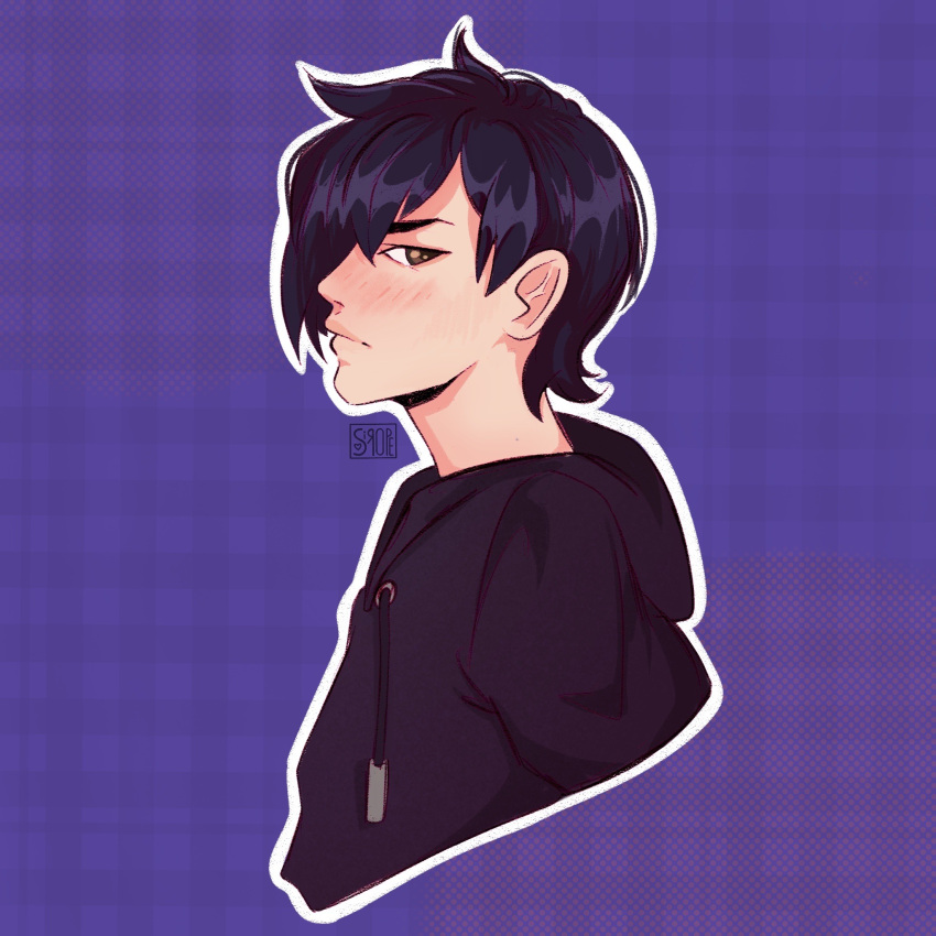 1boy, black_hair, black_hoodie, blush, brown_eyes, hair_over_one_eye, highres, hood, hood_down, hoodie, looking_at_viewer, male_focus, profile, purple_background, sebastian_(stardew_valley), simple_background, siropeart, solo, stardew_valley, upper_body