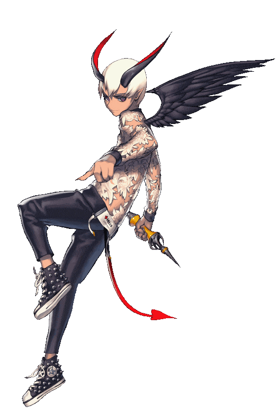 1boy, black_pants, black_wings, demon_tail, destiny_child, frej_(destiny_child), full_body, holding