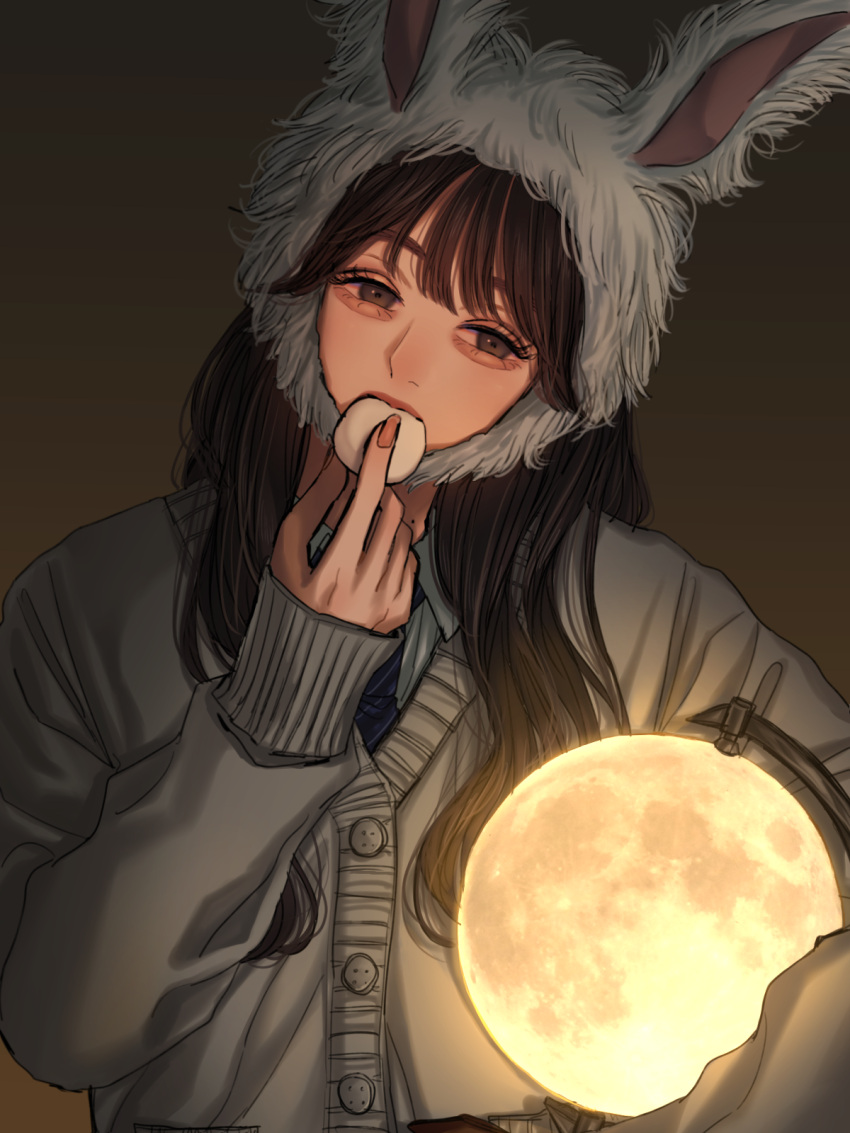 1girl, animal_ears, black_hair, buttons, cheese, eating, food, fur_(clothing), fur_hat, hat, highres, long_hair, moon, moon_(ornament), moon_globe, norimaki_(seidan0611), original, rabbit_ears, solo