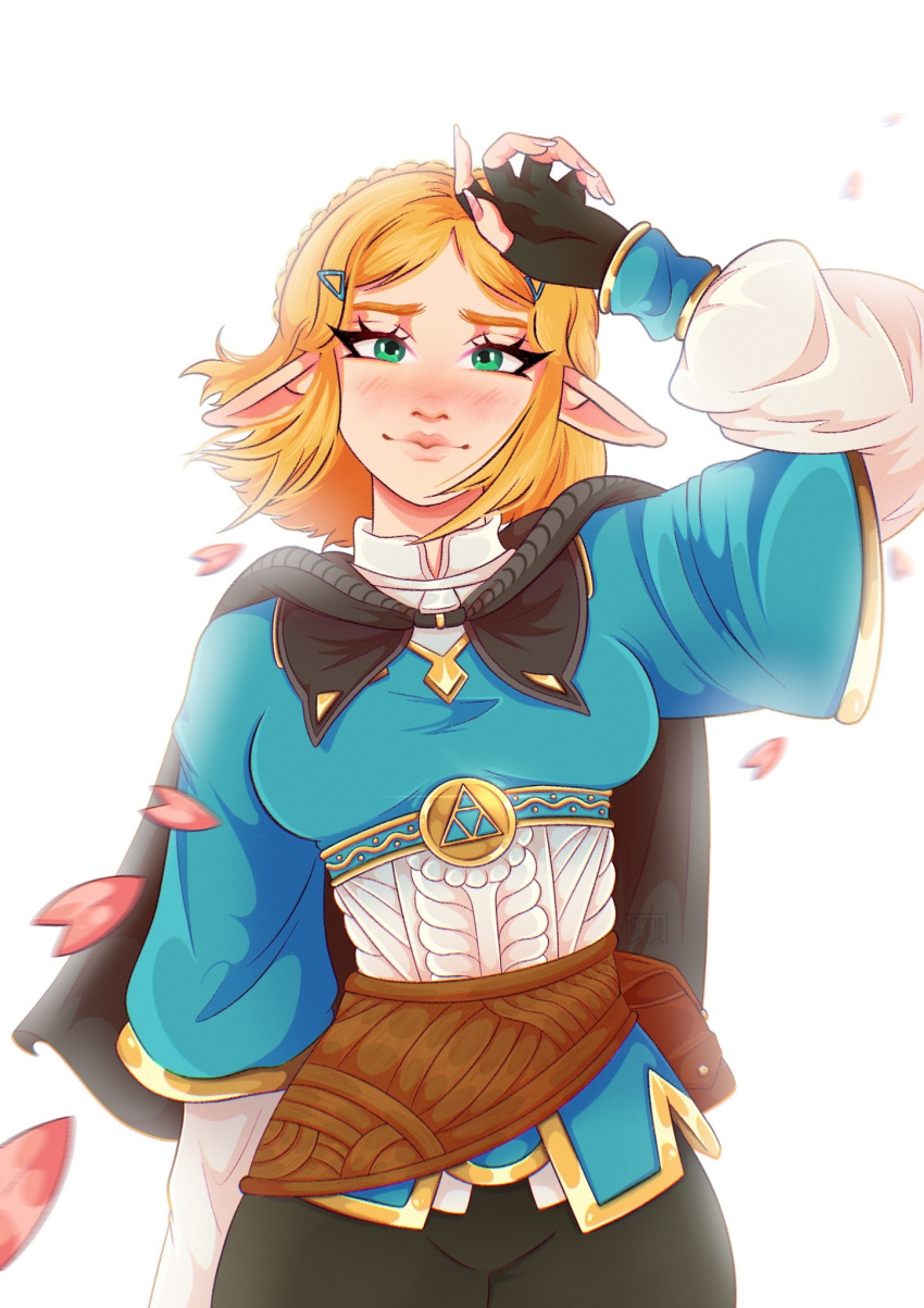 1girl, black_cape, black_gloves, black_pants, blonde_hair, blue_shirt, blush, braid