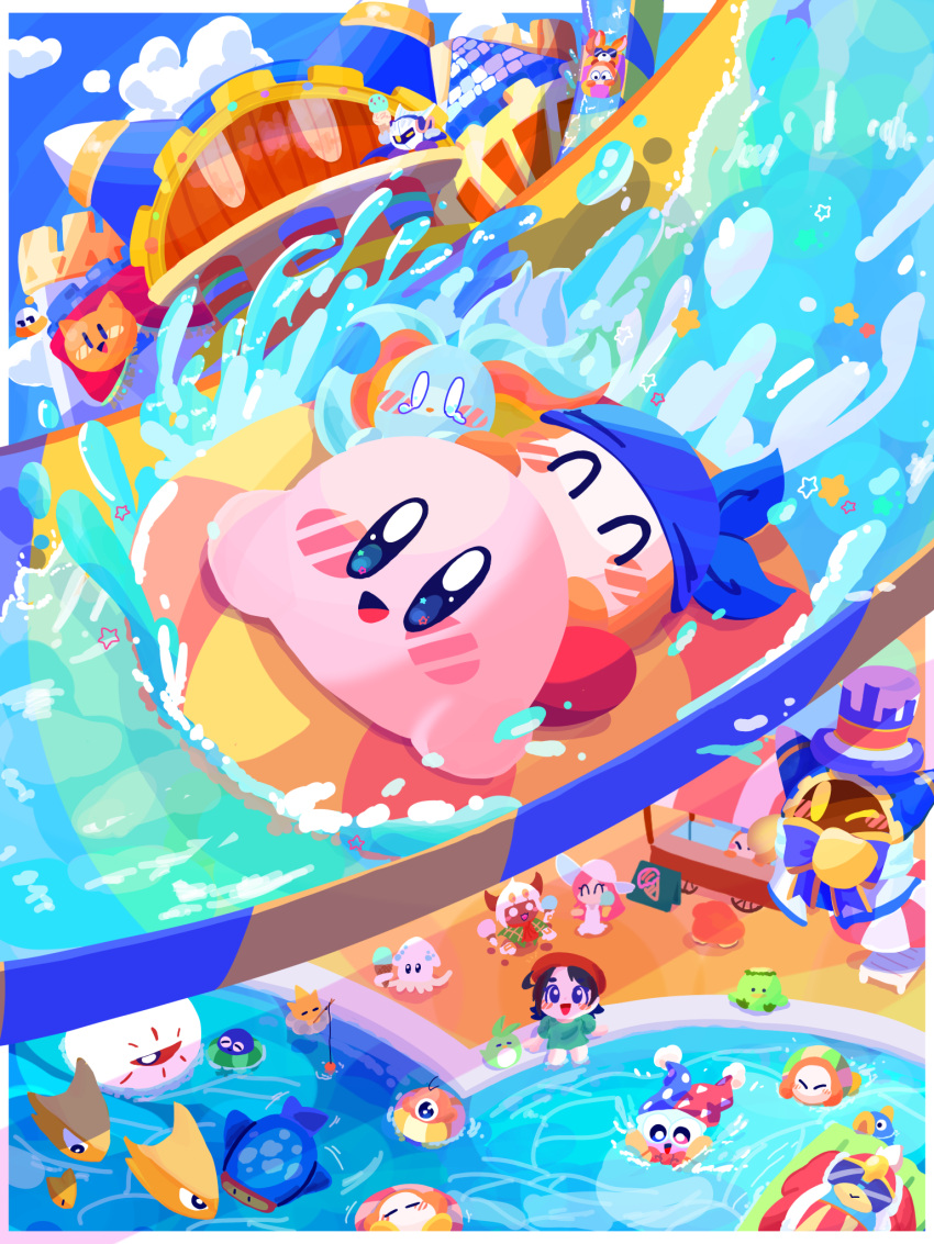 3girls, 6+boys, 6+others, :d, ^_^, adeleine, amusement_park, armor, awoofy, bandana, bandana_waddle_dee, beach_chair, beach_umbrella, beret, bird, black_hair, blank_eyes, blue_bandana, blue_cape, blue_eyes, blue_headwear, blue_sky, blush, blush_stickers, border, bow, bowtie, building, cape, chair, closed_eyes, clouds, commentary_request, crying, day, diving_mask, double_scoop, dress, elfilin, fish, fishing, fishing_rod, food, fur-trimmed_jacket, fur_trim, goggles, gooey_(kirby), green_shirt, hat, hataraku_ufo, highres, holding, holding_fishing_rod, holding_food, holding_ice_cream, ice_cream, ice_cream_cone, ice_cream_stand, innertube, jacket, jester_cap, jobski, kapar_(kirby), kine_(kirby), king_dedede, kirby, kirby_(series), long_hair, lying, magolor, mamanti, marx_(kirby), mask, meta_knight, multicolored_clothes, multicolored_headwear, omame_sakana, on_back, on_cloud, one-eyed, one_eye_closed, open_mouth, outdoors, outside_border, parted_bangs, pauldrons, pink_hair, pitch_(kirby), pool, red_bow, red_bowtie, red_headwear, red_jacket, scared, scarfy, shirt, short_hair, short_sleeves, shoulder_armor, sky, smile, soaking_feet, soarar, splashing, squishy_(kirby), standing, star_(symbol), star_in_eye, sun_hat, sundress, sunglasses, susie_(kirby), symbol_in_eye, taranza, tears, top_hat, ufo, umbrella, waddle_dee, waddle_doo, water, water_slide, waterpark, white_border, white_dress, white_headwear, zero_(kirby), zoos_(kirby)