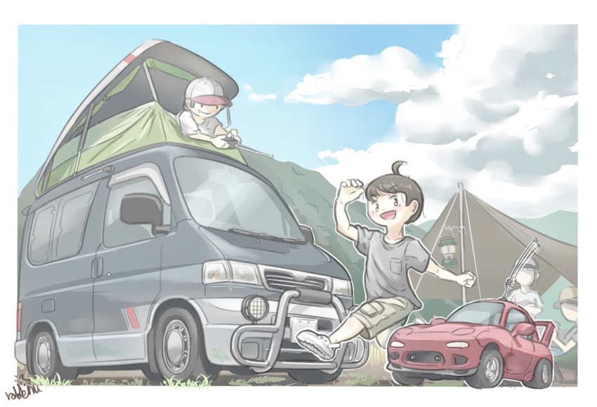 ahoge, ambiguous_gender, baseball_cap, black_car, black_shirt, blue_sky, border, brown_shorts