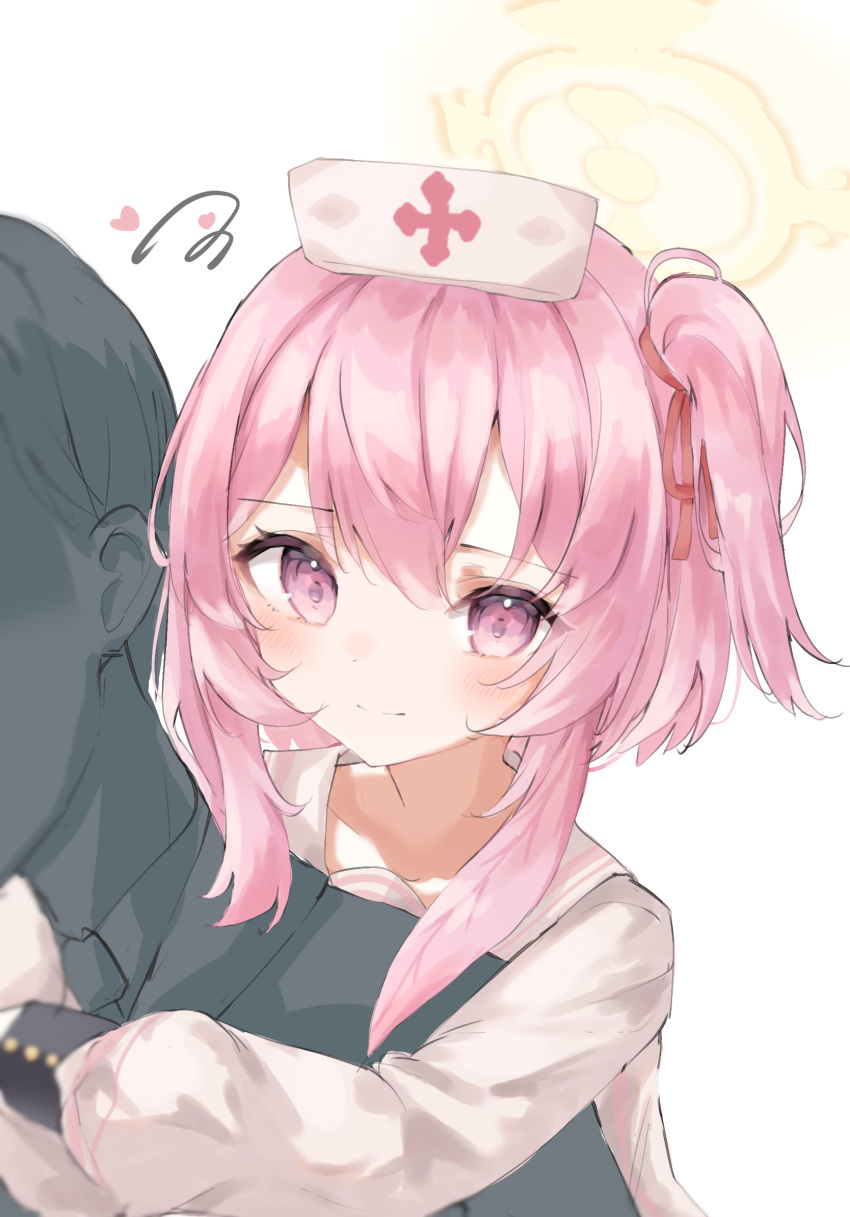 1boy, 1girl, blue_archive, blush, closed_mouth, hair_between_eyes, halo, hat