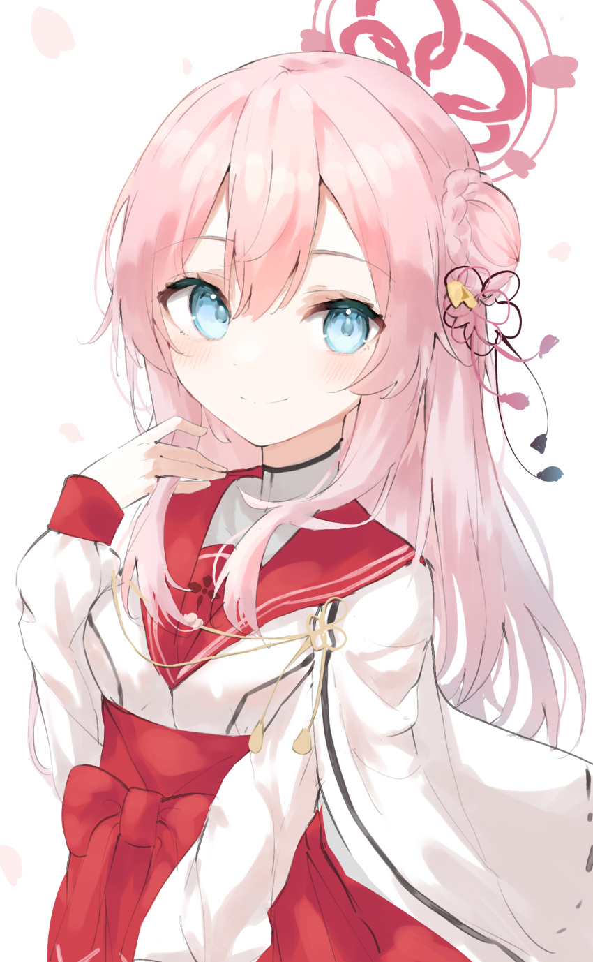 1girl, blue_archive, blue_eyes, blush, closed_mouth, hair_between_eyes, hair_bun, hakama