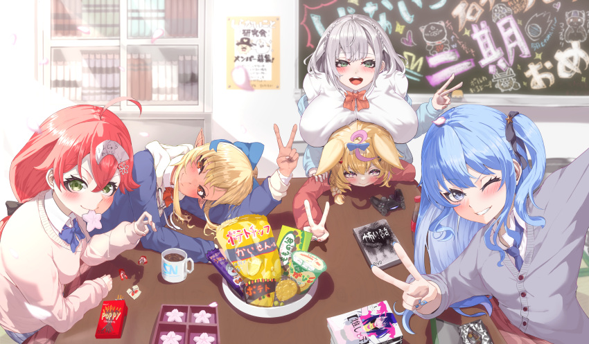 5girls, animal_ears, black_jacket, blonde_hair, blue_cardigan, blue_hair, blue_nails, blush, brand_name_imitation, breast_rest, breast_smother, breasts, breasts_on_head, cardigan, chips_(food), commentary_request, competition_school_swimsuit, dress_shirt, face_to_breasts, food, fox_ears, grey_cardigan, grey_hair, grin, highres, hololive, hood, hooded_jacket, hoshimachi_suisei, indoors, jacket, kotatsu, large_breasts, looking_at_viewer, manga_(object), multiple_girls, nail_polish, official_alternate_costume, omaru_polka, oshi_no_ko, pink_cardigan, pink_hair, pocky, pointy_ears, potato_chips, red_cardigan, sakura_miko, school_swimsuit, school_uniform, shiranui_flare, shiranui_kensetsu, shirogane_noel, shirt, smile, snack, swimsuit, table, takotobuta, v, virtual_youtuber, yellow_cardigan