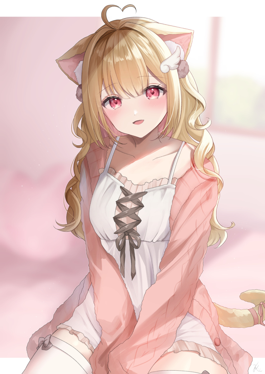 1girl, animal_ears, blonde_hair, breasts, cardigan, cat_ears, cat_girl, cat_tail, chemise, commission, frilled_chemise, highres, kemomimi_refle!, kurage_cc, long_hair, long_sleeves, looking_at_viewer, medium_breasts, nekoma_karin, open_cardigan, open_clothes, pink_cardigan, red_eyes, skeb_commission, tail, thigh-highs, virtual_youtuber, white_chemise, white_thighhighs