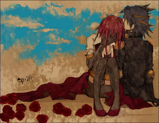 1girl, arm_support, black_gloves, black_hair, coat, couple, covering_face, elbow_gloves, flower, fudou_yusei, fudou_yuusei, gloves, goshi, hair_over_eyes, izayoi_aki, jacket, knees_touching, multicolored_hair, red_hair, redhead, rose, short_hair, sitting, skirt, thigh-highs, thighhighs, yuu-gi-ou, yuu-gi-ou_5d's, yuu-gi-ou_5d's