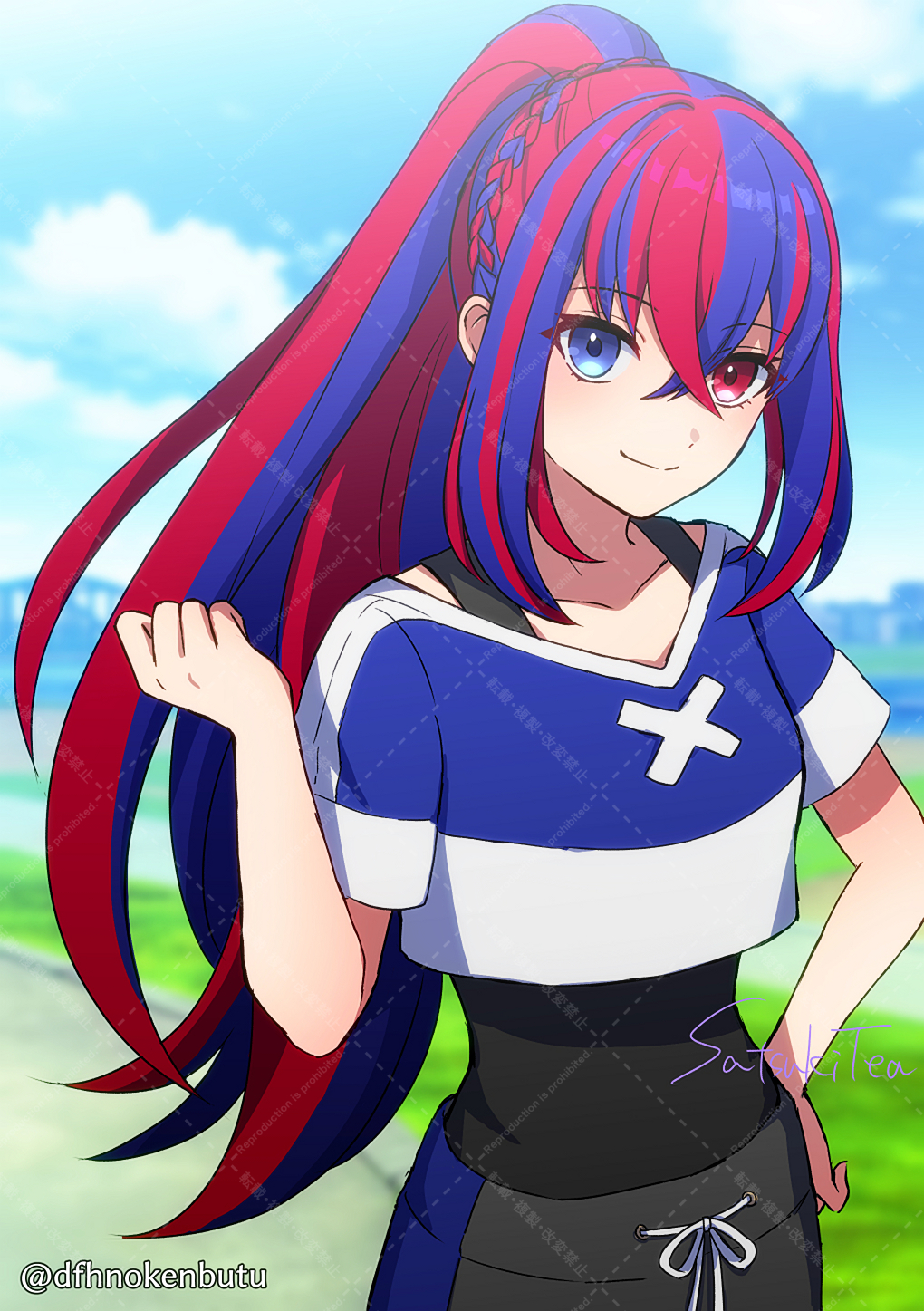 1girl, alear_(female)_(fire_emblem), alear_(fire_emblem), black_undershirt, blue_eyes, blue_hair, braid, breasts, crop_top, crop_top_overhang, crossed_bangs, dfhnokenbutu, fire_emblem, fire_emblem_engage, heterochromia, highres, long_hair, multicolored_hair, official_alternate_costume, official_alternate_hairstyle, pants, red_eyes, redhead, split-color_hair, sweatpants, training_outfit_(fire_emblem_engage), two-tone_hair, workout_clothes