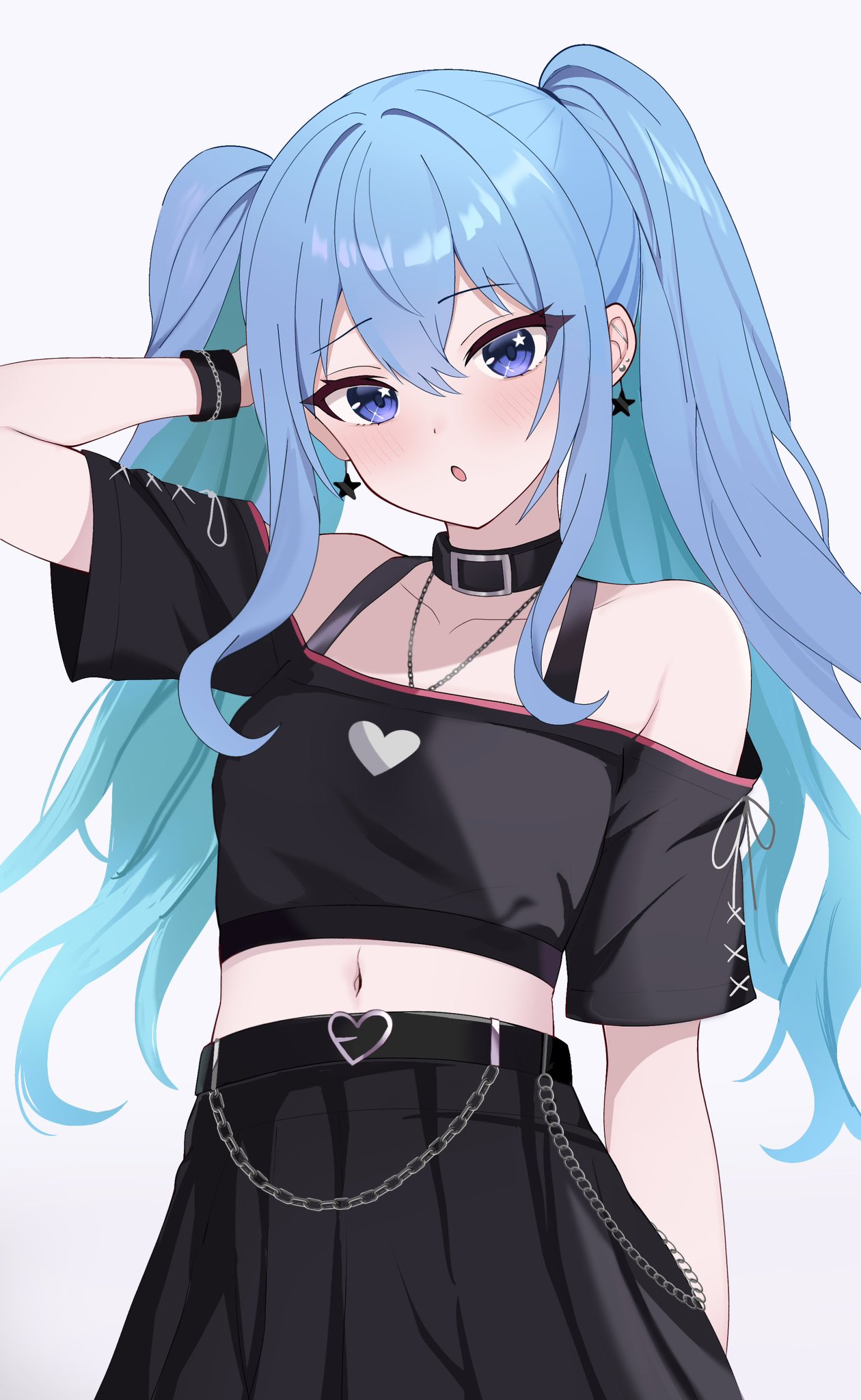 blue_eyes, blue_hair, blue_ribbon, breasts, earrings, fawny, highres, hololive, hoshimachi_suisei, jewelry, medium_breasts, medium_hair, navel, neck_ribbon, ribbon, small_breasts, star_(symbol), star_in_eye, symbol_in_eye, twintails, virtual_youtuber