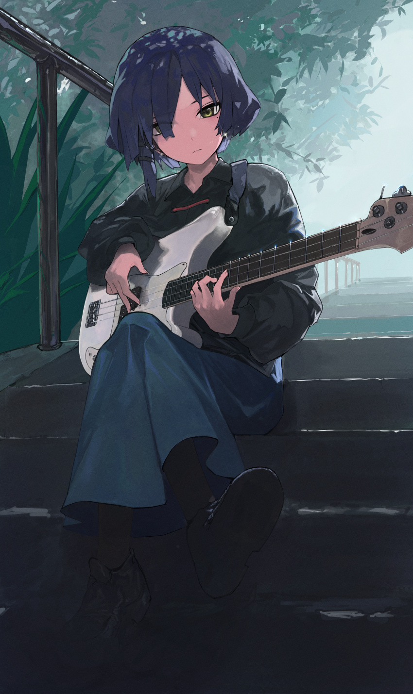 024th, 1girl, absurdres, black_shirt, blue_hair, blue_skirt, bocchi_the_rock!, full_body