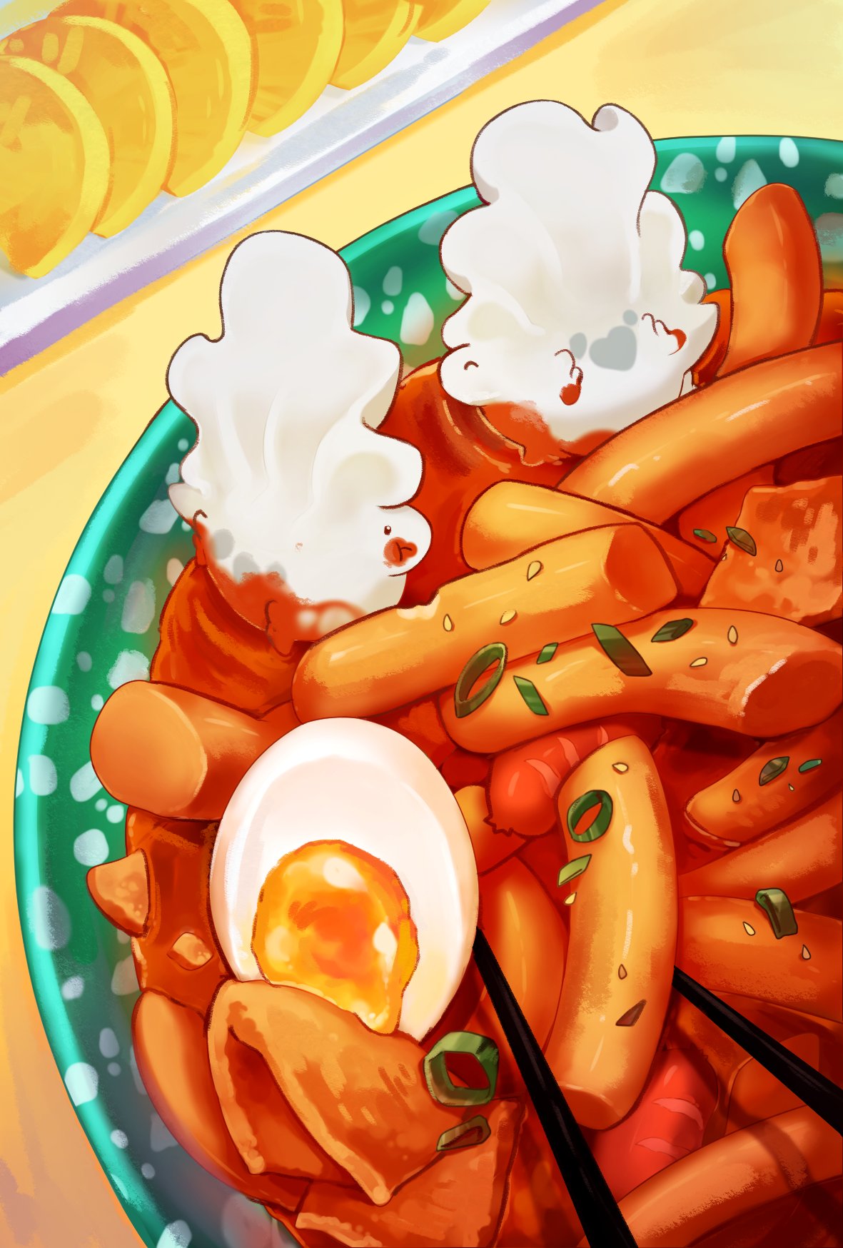 bowl, chopsticks, commentary_request, creature, dumpling, egg_(food), food, food-themed_creature