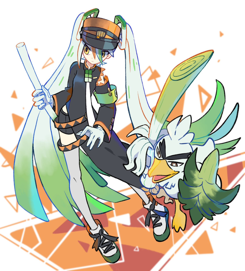 1girl, armband, bike_shorts, black_coat, coat, delinquent, detached_sleeves, fighting_miku_(project_voltage), food, gloves, gradient_hair, green_armband, hair_between_eyes, hatsune_miku, highres, holding, holding_food, holding_spring_onion, holding_vegetable, long_hair, long_sleeves, multicolored_hair, necktie, orange_trim, pokemon, pokemon_(creature), project_voltage, shoes, side_slit, single_detached_sleeve, sirfetch'd, sneakers, spring_onion, thigh-highs, twintails, two-tone_hair, vegetable, very_long_hair, visor_cap, vocaloid, white_gloves, white_hair, white_thighhighs, yamifuti, yellow_eyes