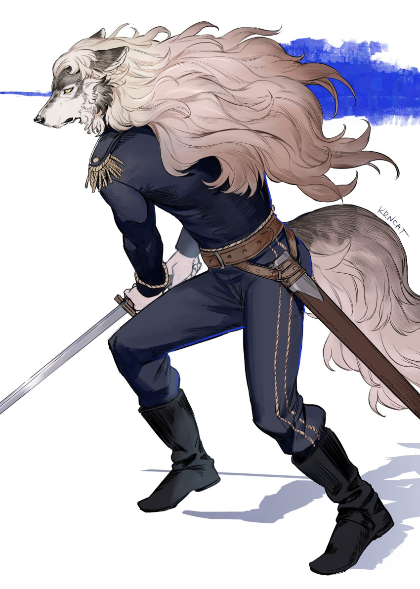 1boy, aiguillette, ankle_boots, artist_name, belt, black_footwear, blonde_hair, blue_jacket, blue_pants, boots, bright_pupils, epaulettes, fighting_stance, from_side, full_body, furry, furry_male, highres, holding, holding_sword, holding_weapon, jacket, karana_cat, legs_apart, long_hair, long_sleeves, looking_ahead, male_focus, original, pants, serious, shadow, signature, simple_background, solo, standing, sword, tail, two-handed, wavy_hair, weapon, white_background, white_pupils, wolf_boy, yellow_eyes