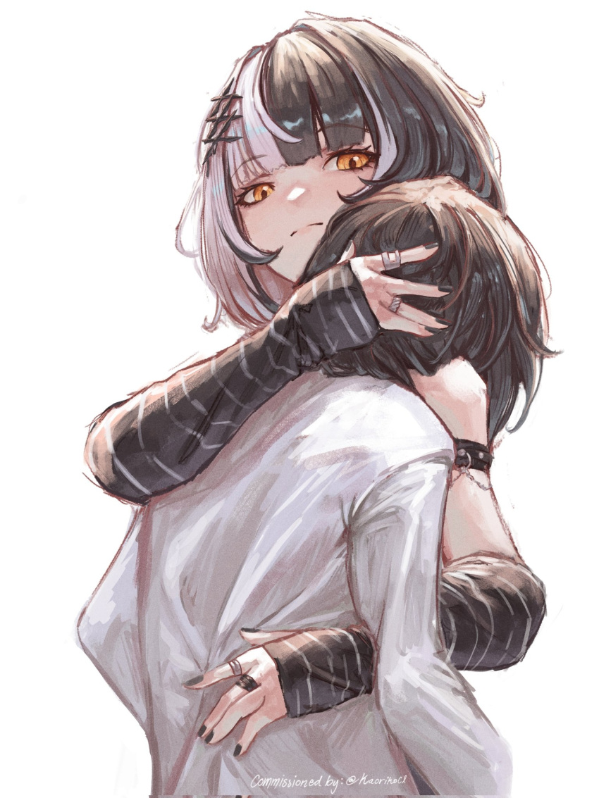 1girl, arm_warmers, black_choker, black_gloves, black_hair, black_nails, choker, dress
