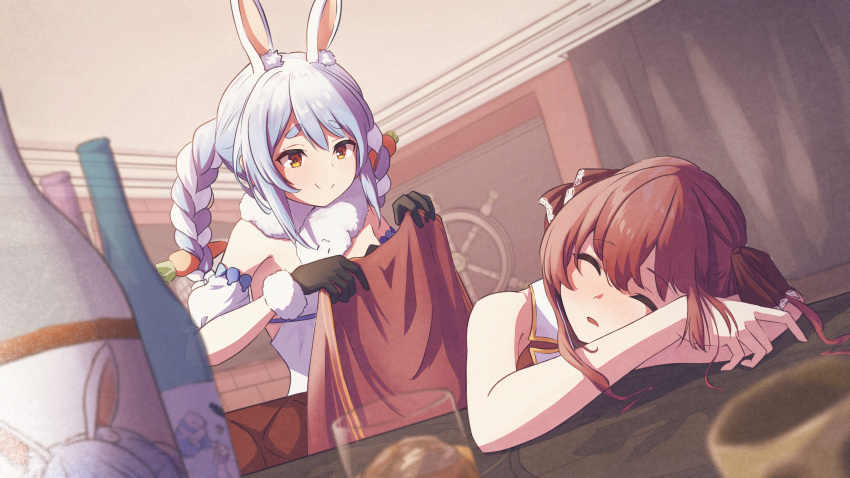 2girls, absurdres, alcohol, animal_ear_fluff, animal_ears, arm_garter, black_gloves, blue_hair, bottle, braid, carrot_hair_ornament, don-chan_(usada_pekora), dress, food-themed_hair_ornament, fur-trimmed_gloves, fur_trim, gloves, hair_ornament, highres, hololive, houshou_marine, houshou_marine_(1st_costume), jacket, multicolored_hair, multiple_girls, oki_no_fuji, orange_eyes, rabbit_ears, red_jacket, red_ribbon, redhead, ribbon, sake_bottle, ship's_wheel, short_eyebrows, sleeping, sleeveless, sleeveless_jacket, smile, streaked_hair, table, twin_braids, usada_pekora, usada_pekora_(1st_costume), white_dress, white_hair