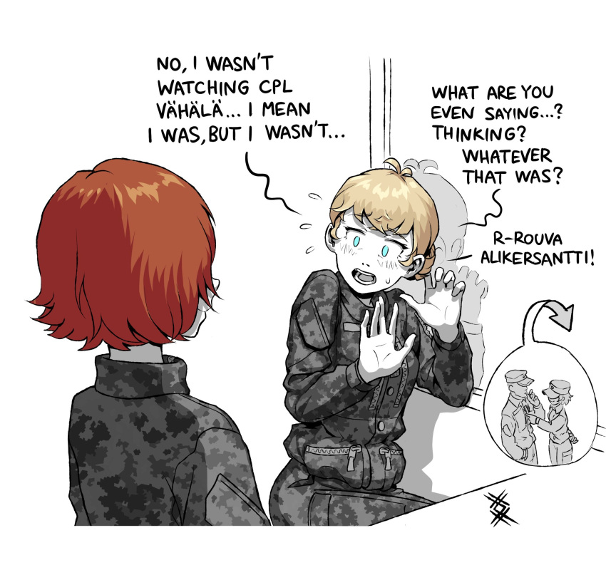 1boy, 3girls, artist_logo, blonde_hair, blue_eyes, blush, camouflage, camouflage_jacket