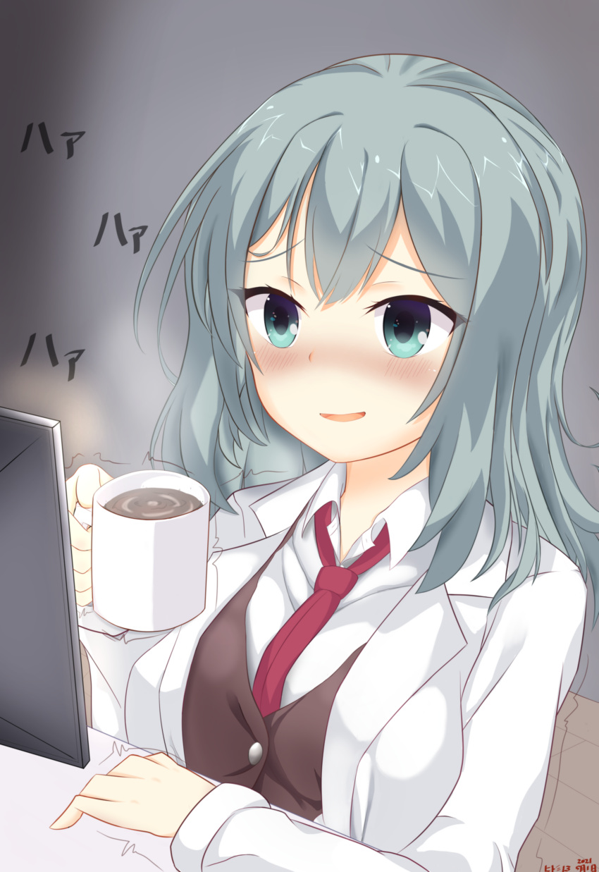 1girl, absurdres, aqua_eyes, arm_on_table, aroused, blush, breasts, brown_vest