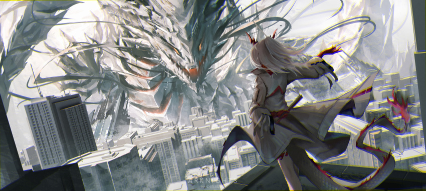 1girl, absurdres, arknights, arm_behind_back, city, coat, colored_skin, day