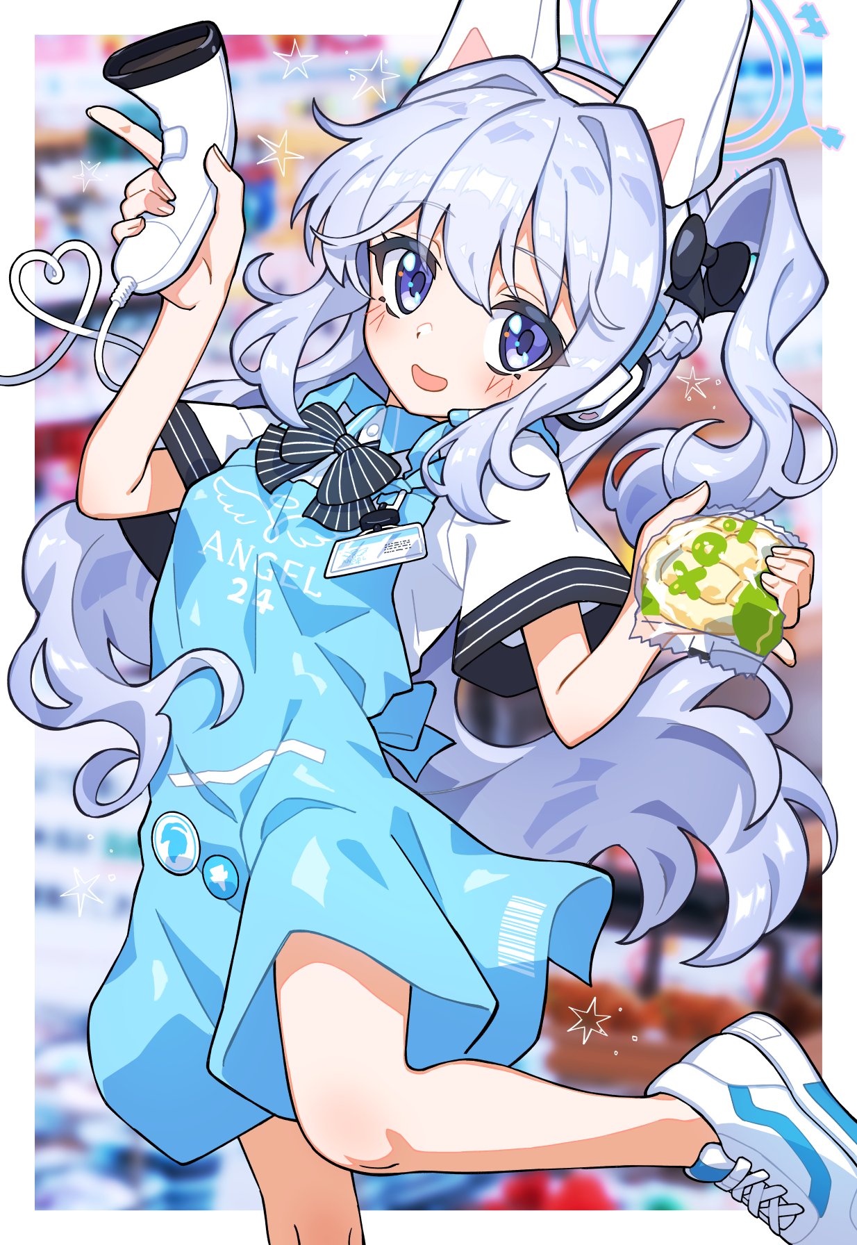 1girl, animal_ear_headphones, animal_ears, apron, barcode_scanner, black_bow, black_bowtie, blue_apron