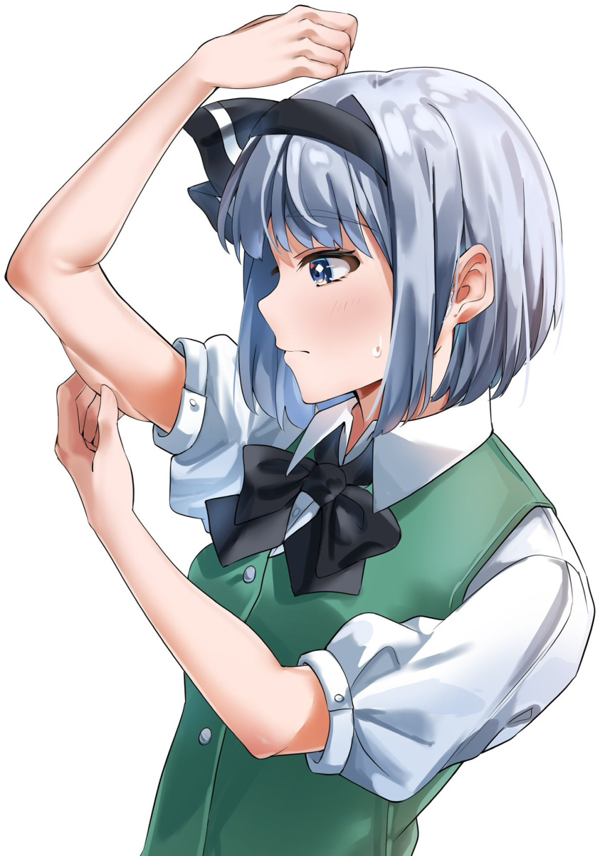 1girl, arm_up, black_bow, black_bowtie, black_ribbon, blue_eyes, blush, bow