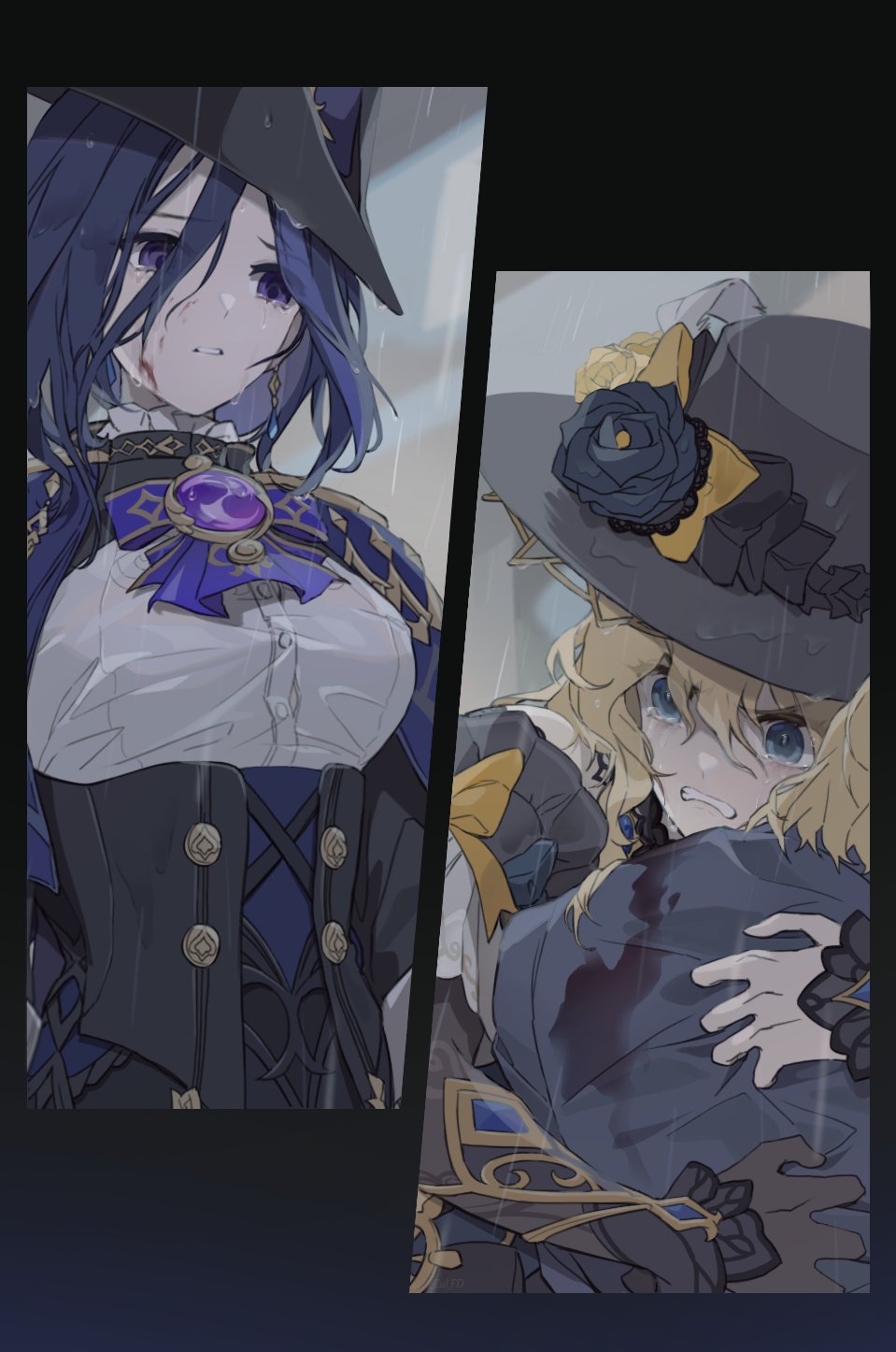 2girls, angry, armor, black_bow, black_corset, black_flower, black_headwear, blonde_hair