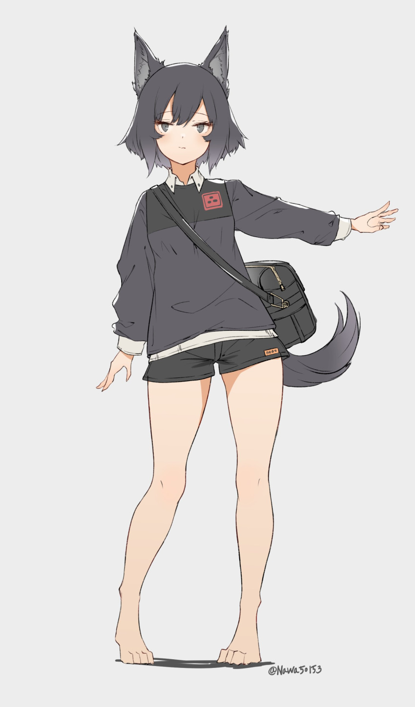 1girl, absurdres, animal_ears, bag, barefoot, black_eyes, black_hair, black_shorts
