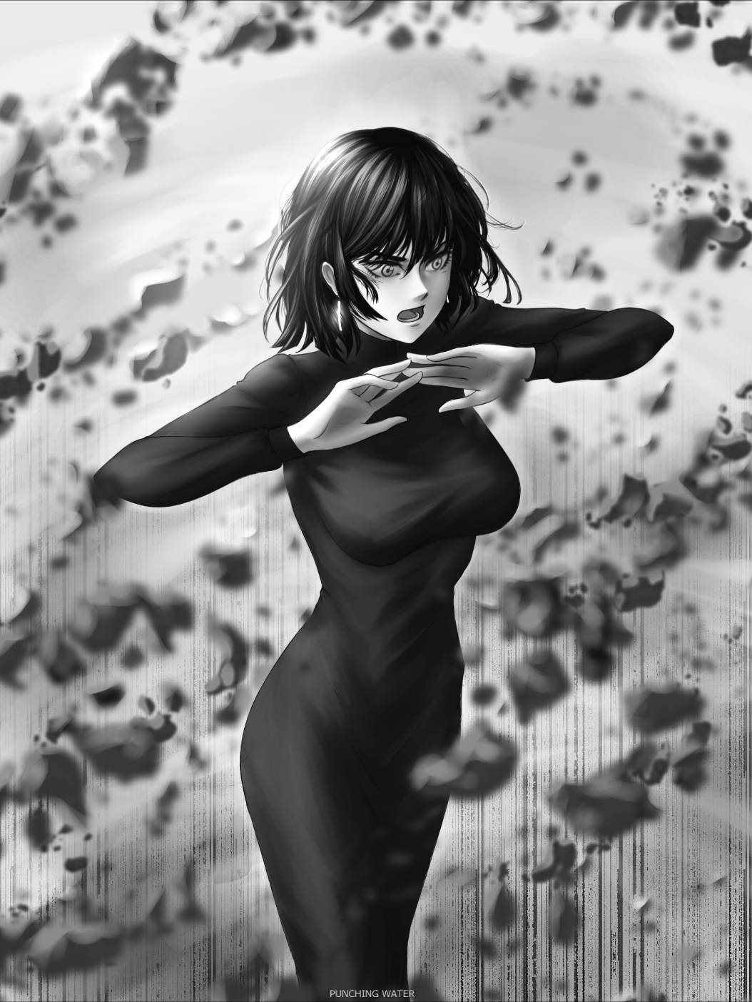 1girl, dress, earrings, floating_rock, fubuki_(one-punch_man), greyscale, hands_up, highres