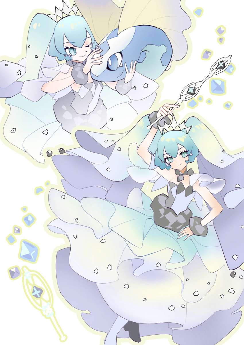 1girl, aqua_eyes, arm_up, aurorus, blue_dress, blue_gemstone, blue_hair, closed_mouth