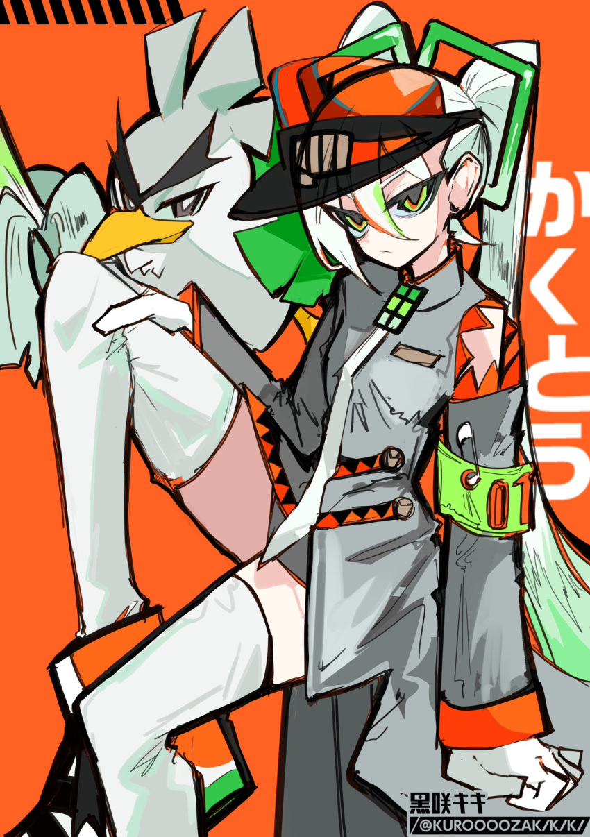 1girl, armband, bird, black_headwear, closed_mouth, duck, fighting_miku_(project_voltage), gloves, green_armband, green_eyes, hair_between_eyes, hand_on_own_leg, hatsune_miku, highres, kuroooozakikiki, light_green_hair, long_hair, long_sleeves, multicolored_eyes, multicolored_hair, necktie, orange_background, orange_eyes, orange_hair, orange_headwear, paperclip, pokemon, pokemon_(creature), project_voltage, sirfetch'd, solo, streaked_hair, thigh-highs, tsurime, twintails, twitter_username, two-tone_headwear, visor_cap, vocaloid, white_gloves, white_hair, white_necktie, white_thighhighs, zettai_ryouiki