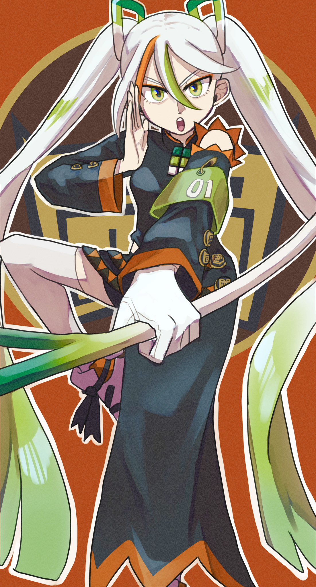 1girl, armband, eyeshadow, fighting_miku_(project_voltage), fighting_stance, film_grain, gloves, gradient_hair