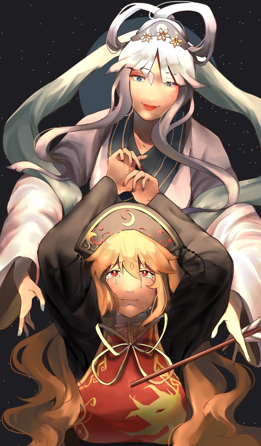 2girls, absurdres, arms_up, arrow_(projectile), blonde_hair, blue_eyes, chang'e, chinese_clothes