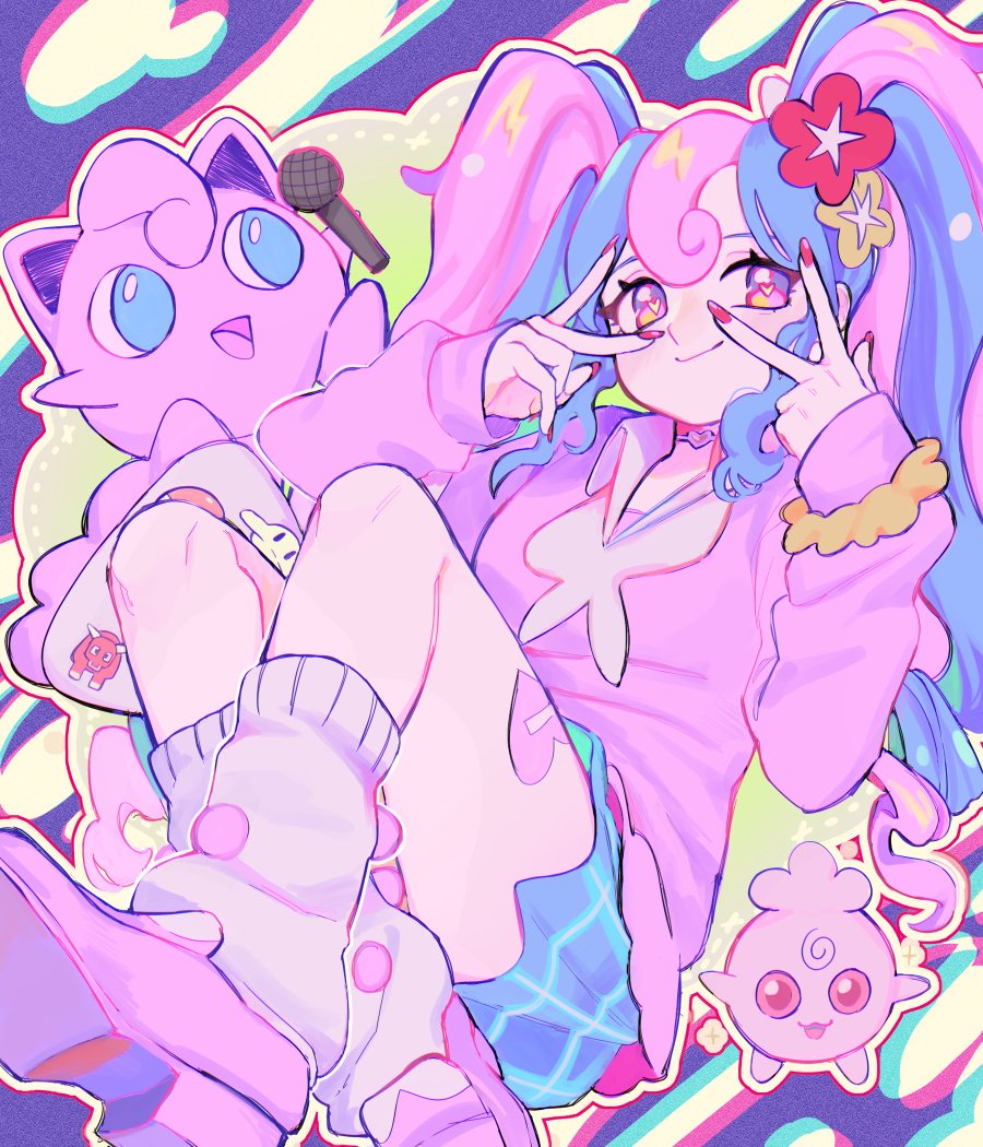 1girl, blue_skirt, bull_sprite_(pokemon), cardigan, choker, fairy_miku_(project_voltage), fish_sprite_(pokemon), flower
