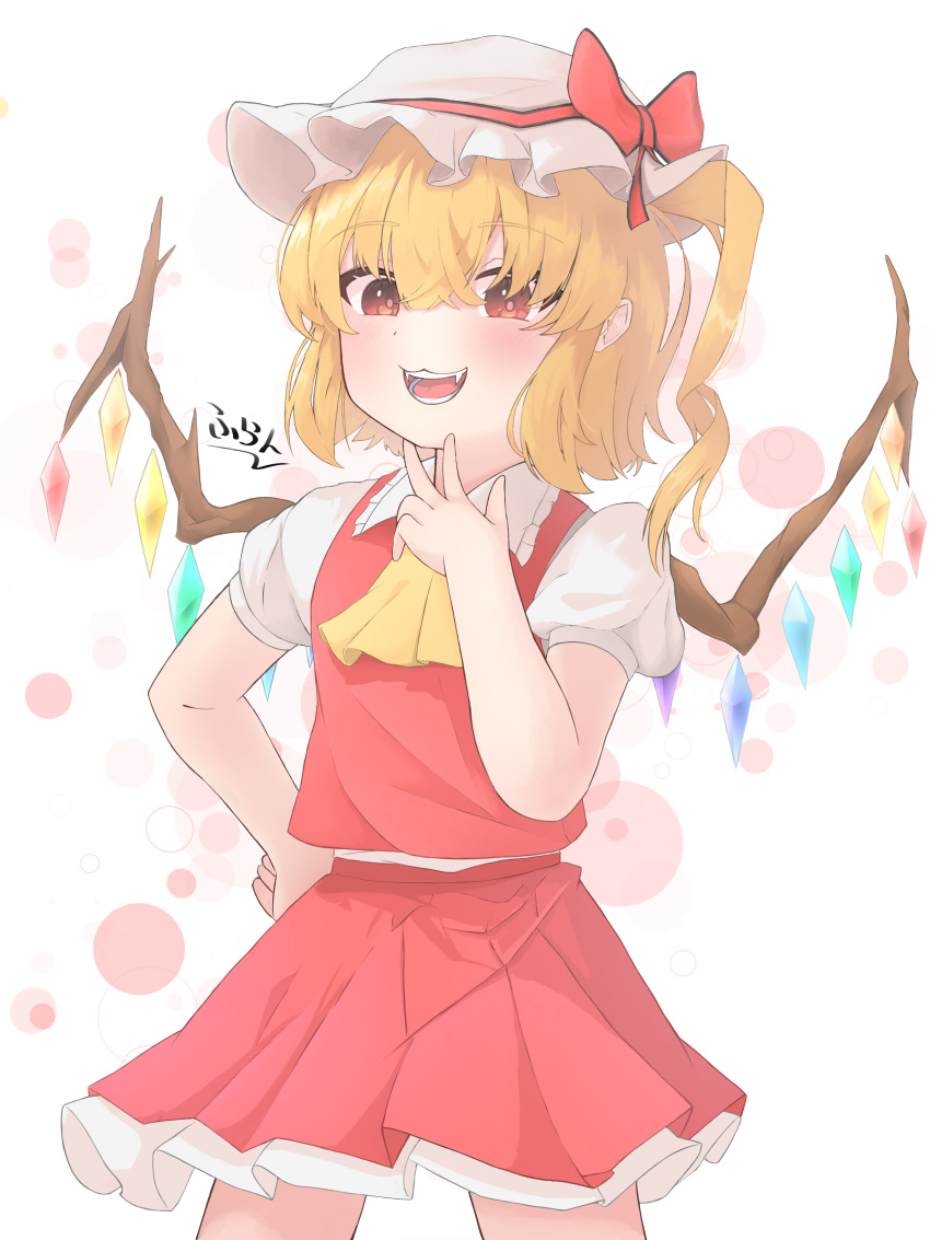 1girl, :3, absurdres, ascot, blonde_hair, bow, commentary_request, fangs