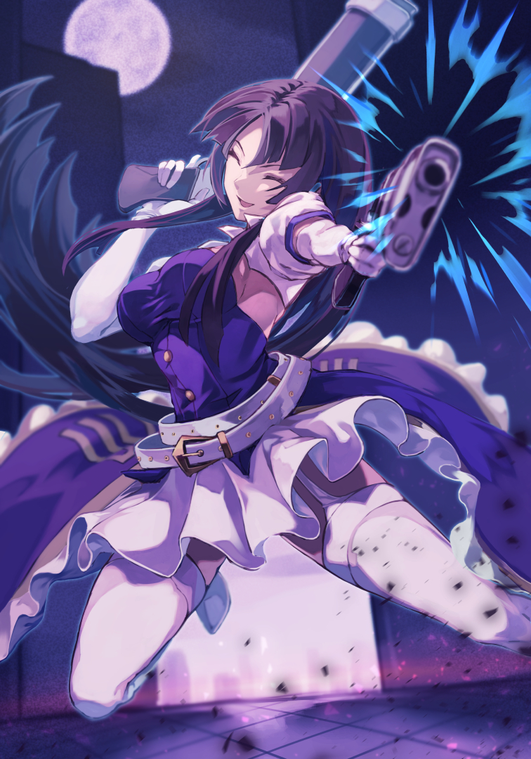 1girl, belt, black_hair, breasts, closed_eyes, dress, elbow_gloves, full_moon, gloves, gun, hime_cut, holding, holding_gun, holding_weapon, kaguya_(under_night_in-birth), long_hair, loose_belt, moon, multiple_belts, online_neet, open_mouth, solo, thigh-highs, thigh_strap, under_night_in-birth, under_night_in-birth_2_sys:celes, very_long_hair, weapon, white_gloves