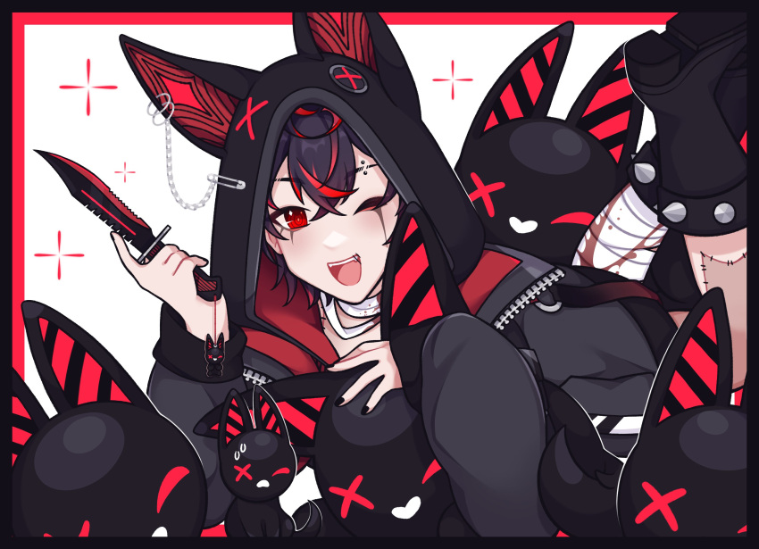 1boy, animal_ear_hood, animal_hood, bandages, black_footwear, black_hair, black_nails, blood