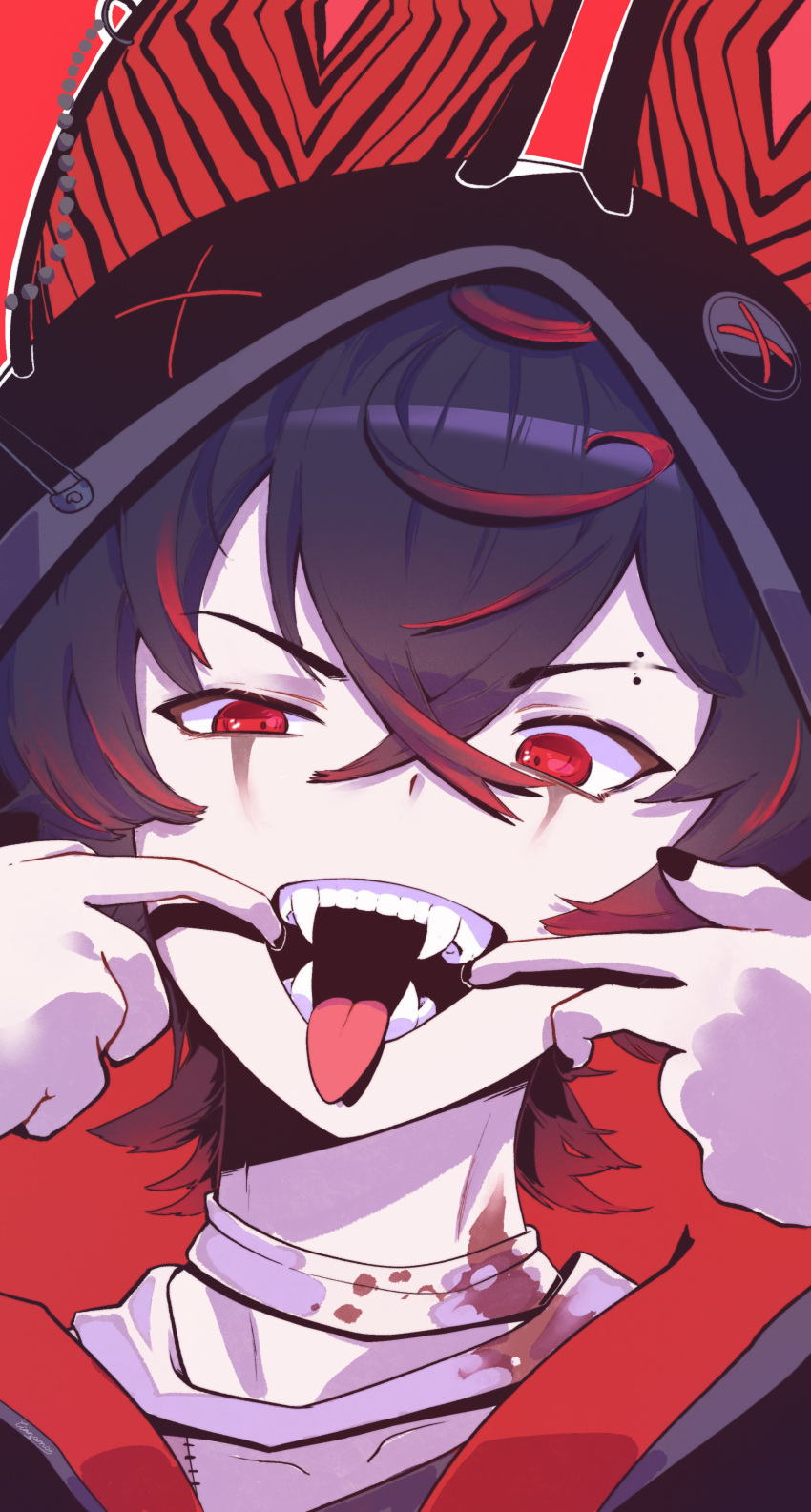 1boy, absurdres, animal_ear_hood, animal_hood, bandages, black_hair, black_nails, blood