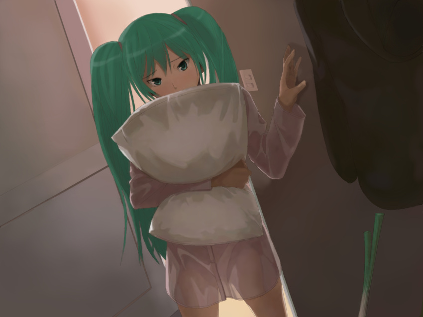 aqua_eyes, aqua_hair, blush, derivative_work, hatsune_miku, highres, long_hair, pajamas, pillow, pillow_hug, solo, spring_onion, twintails, vocaloid, yuchan