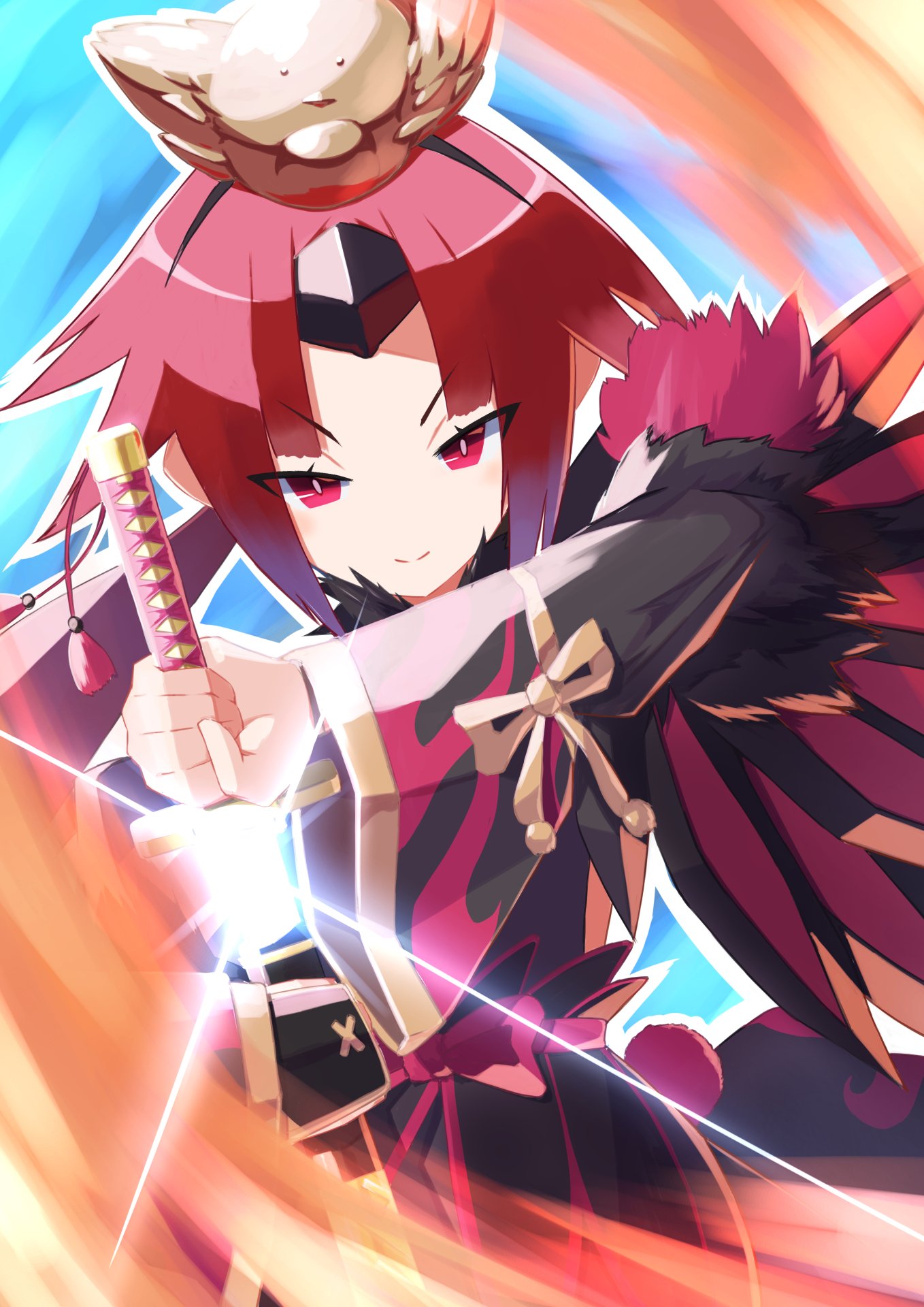 1girl, benienma_(fate), benienma_alter_(fate), bird_hair_ornament, black_dress, black_kimono, drawing_sword, dress, fate/grand_order, fate_(series), feather_trim, glint, gradient_hair, hair_ornament, highres, holding, holding_sword, holding_weapon, japanese_clothes, kimono, long_hair, looking_at_viewer, multicolored_hair, obi, parted_bangs, red_eyes, redhead, sash, smile, strail_cycleman, sword, very_long_hair, weapon