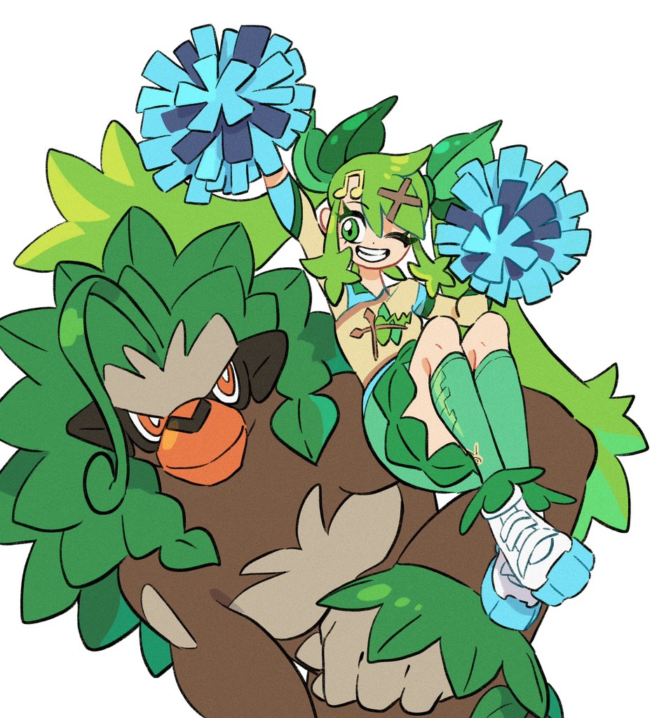 1girl, grass_miku_(project_voltage), green_eyes, green_hair, green_socks, grin, hair_ornament, hatsune_miku