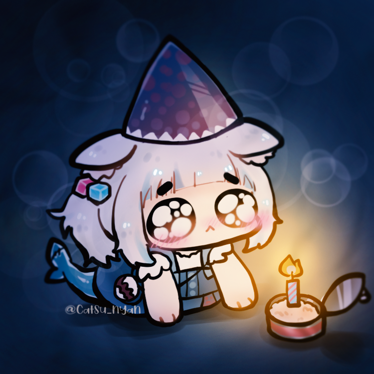 1girl, :<, birthday, blue_hair, blue_overalls, blunt_bangs, blush, candle
