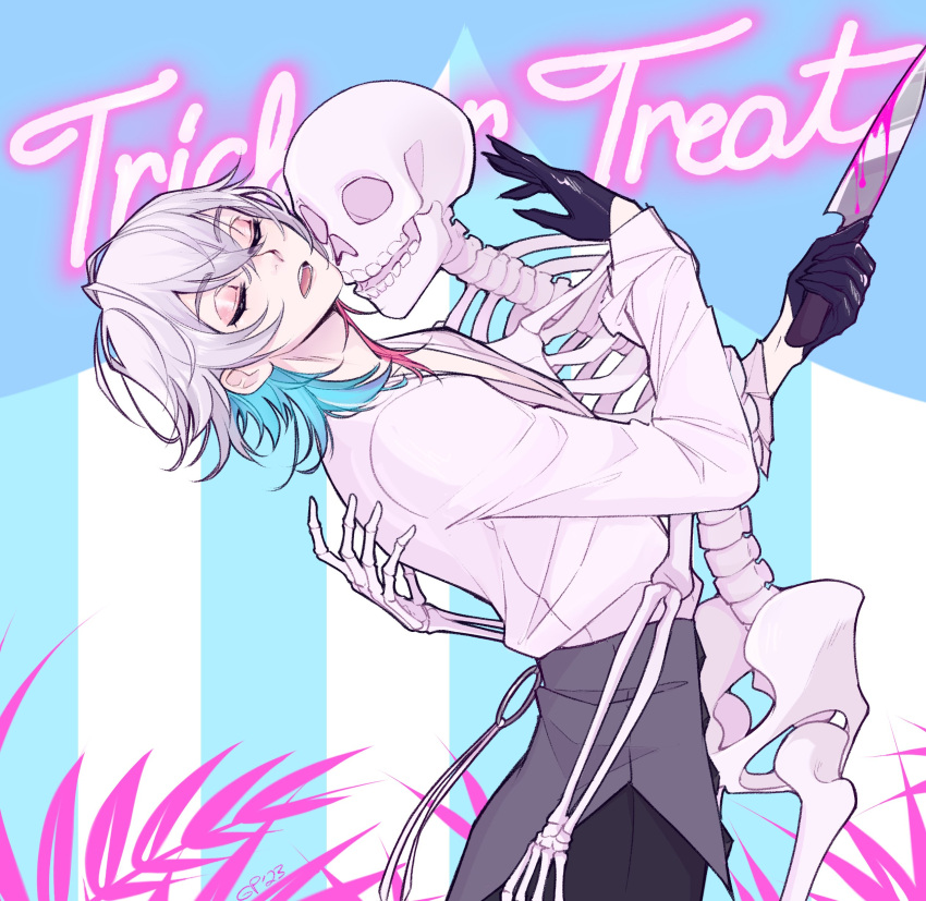 1boy, absurdres, androgynous, black_gloves, blood, blood_on_knife, blue_hair, closed_eyes