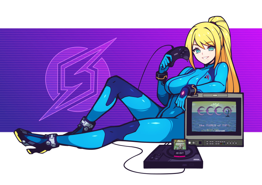 1girl, absurdres, bacon_strips, blonde_hair, blue_bodysuit, blue_eyes, bodysuit, breasts