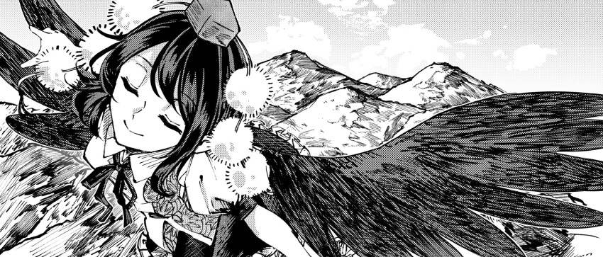 1girl, bird_wings, closed_eyes, closed_mouth, clouds, collared_shirt, greyscale, hat