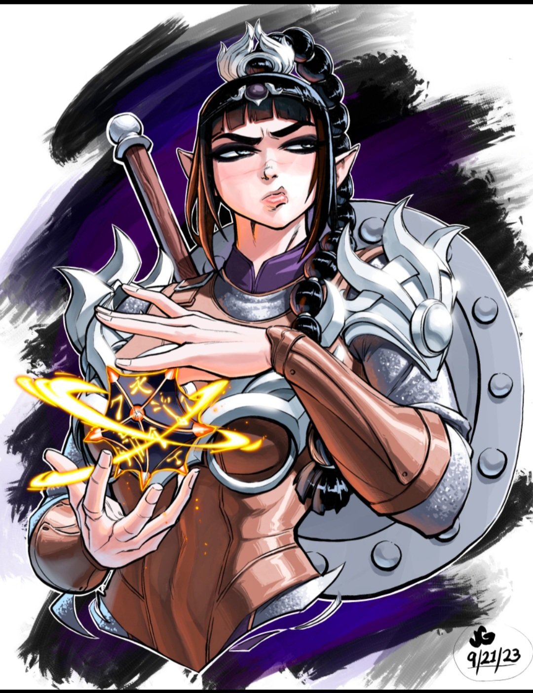 1girl, armor, baldur's_gate, baldur's_gate_3, black_hair, dated, dungeons_and_dragons, elf