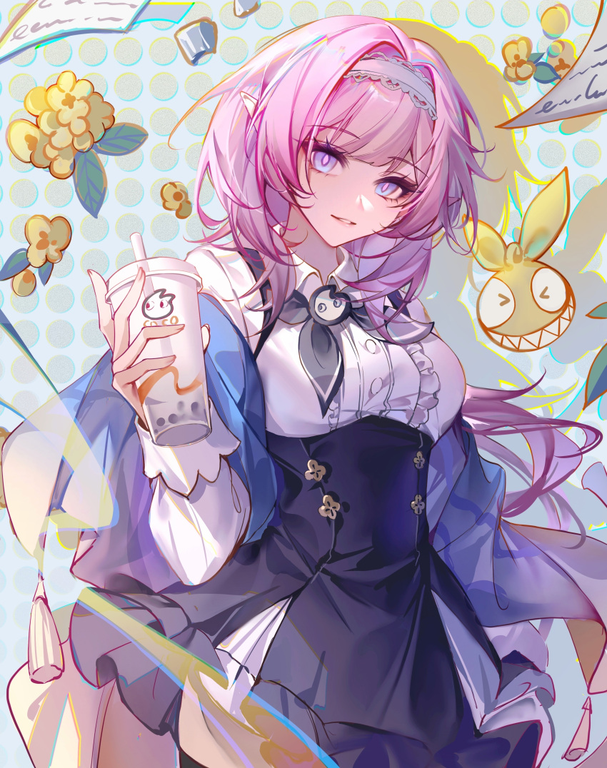 1girl, absurdres, black_neckerchief, blue_dress, blue_eyes, bright_pupils, bubble_tea, casual, center_frills, chinese_commentary, collared_shirt, commentary_request, cowboy_shot, cup, disposable_cup, dotted_background, dress, drinking_straw, drop_shadow, elysia_(coco)_(honkai_impact), elysia_(honkai_impact), flower, frilled_hairband, frills, from_side, gradient_eyes, green_background, hair_intakes, hairband, hand_up, highres, holding, holding_cup, honkai_(series), honkai_impact_3rd, long_hair, looking_at_viewer, multicolored_eyes, neckerchief, official_alternate_costume, parted_lips, pinafore_dress, pink_eyes, pink_hair, pink_pupils, pointy_ears, shirt, sleeveless, sleeveless_dress, smile, solo, standing, tassel, white_hairband, white_shirt, yellow_flower, yin01582942