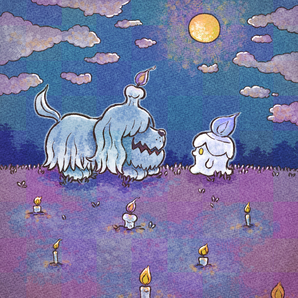 animal_focus, candle, clouds, dog, fire, full_moon, greavard, kuruta_(qulta03)