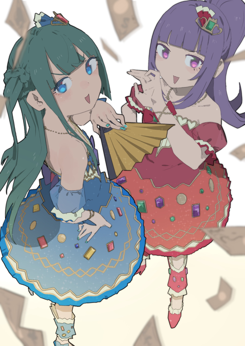 2girls, :d, banknote, bare_shoulders, blue_dress, blue_eyes, blue_nails, blunt_bangs